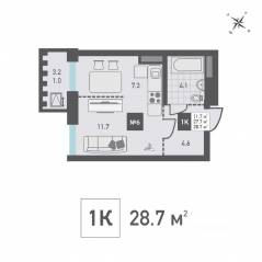 ЖК «Зеленоград Ривьера», планировка 1-комнатной квартиры, 28.70 м²