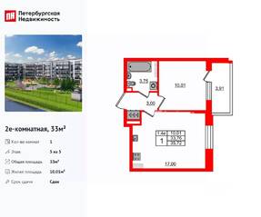 ЖК «Парадный ансамбль», планировка 1-комнатной квартиры, 33.00 м²