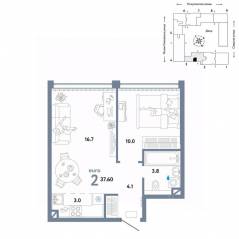 ЖК «Страна.Озерная», планировка 2-комнатной квартиры, 37.60 м²