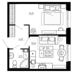 МЖК «Аннино Сити», планировка 1-комнатной квартиры, 36.65 м²
