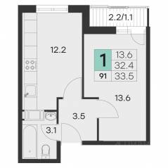 ЖК «Олимп» (Хотьково), планировка 1-комнатной квартиры, 33.50 м²