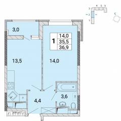 ЖК «Центр-2», планировка 1-комнатной квартиры, 36.90 м²