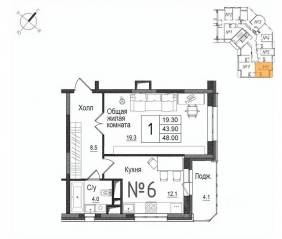 ЖК «Школьный» (Наро-Фоминск), планировка 1-комнатной квартиры, 48.30 м²