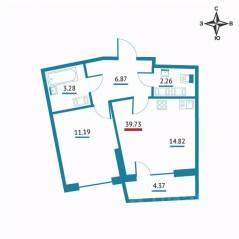 ЖК «Левитан», планировка 1-комнатной квартиры, 39.73 м²