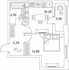 ЖК «Тайм Сквер», планировка 1-комнатной квартиры, 37.20 м²