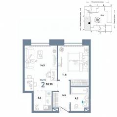 ЖК «Страна.Озерная», планировка 2-комнатной квартиры, 38.30 м²