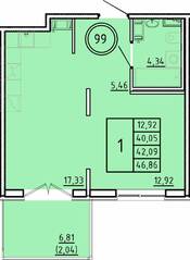 МЖК «Образцовый квартал 16», планировка 1-комнатной квартиры, 40.05 м²