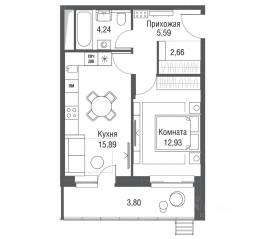 ЖК «Одинбург», планировка 1-комнатной квартиры, 45.08 м²
