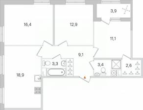 МЖК «Дубровский», планировка 3-комнатной квартиры, 79.65 м²