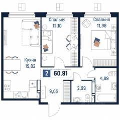 ЖК «Максималист», планировка 2-комнатной квартиры, 60.91 м²