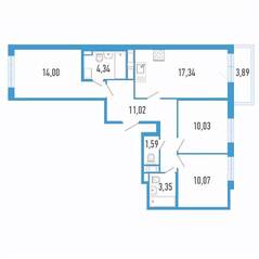 ЖК «Aerocity 7», планировка 3-комнатной квартиры, 72.91 м²