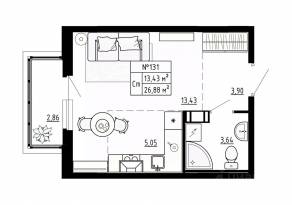 МЖК «Аннино Сити», планировка студии, 26.89 м²
