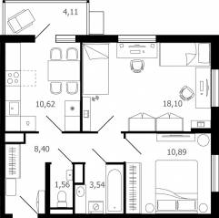 ЖК «Десятка», планировка 2-комнатной квартиры, 54.40 м²