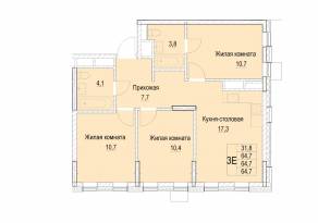 ЖК «Отрадный», планировка 3-комнатной квартиры, 64.70 м²