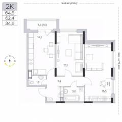 ЖК «Пироговская Ривьера», планировка 2-комнатной квартиры, 62.60 м²