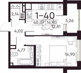 ЖК «Familia», планировка 1-комнатной квартиры, 40.00 м²