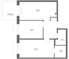 ЖК «Парусная 1», планировка 2-комнатной квартиры, 65.10 м²