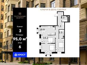 ЖК «Театральный квартал», планировка 3-комнатной квартиры, 94.90 м²