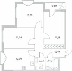 МЖК «Любоград», планировка 3-комнатной квартиры, 70.58 м²