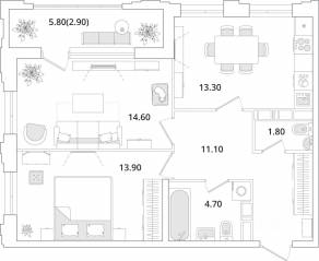 ЖК «Тайм Сквер», планировка 2-комнатной квартиры, 61.90 м²