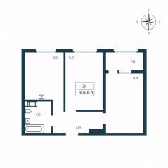 ЖК «Расцветай в Янино», планировка 2-комнатной квартиры, 55.10 м²