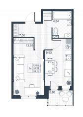 ЖК «Ново-Антропшино», планировка 1-комнатной квартиры, 36.67 м²