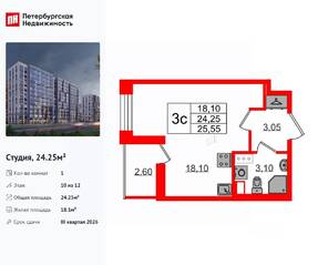 ЖК «Бионика Заповедная», планировка студии, 24.25 м²