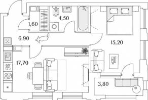 ЖК «Тайм Сквер», планировка 1-комнатной квартиры, 47.60 м²