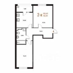 ЖК «Новое Летово», планировка 2-комнатной квартиры, 62.20 м²