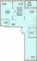 МЖК «Образцовый квартал 15», планировка 3-комнатной квартиры, 79.64 м²