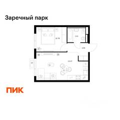 ЖК «Заречный парк», планировка 1-комнатной квартиры, 37.84 м²