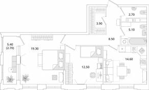 ЖК «Тайм Сквер», планировка 2-комнатной квартиры, 69.00 м²