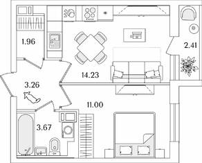ЖК «Кинопарк», планировка 1-комнатной квартиры, 35.33 м²