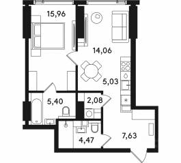 ЖК «Solos», планировка 1-комнатной квартиры, 54.63 м²
