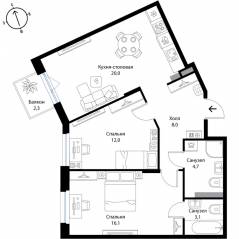 МЖК «Экография», планировка 2-комнатной квартиры, 64.60 м²
