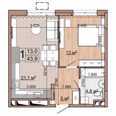ЖК «Гранд Комфорт», планировка 1-комнатной квартиры, 43.90 м²