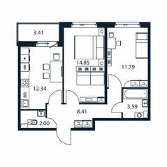 ЖК «Полис ЛАВрики», планировка 2-комнатной квартиры, 52.10 м²