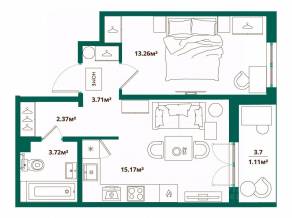 ЖК «ЛесART», планировка 1-комнатной квартиры, 39.34 м²