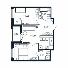 ЖК «Полис Новоселье», планировка 2-комнатной квартиры, 51.76 м²