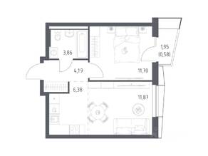 ЖК «Квартал Авиаторов», планировка 1-комнатной квартиры, 38.58 м²