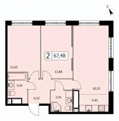 ЖК «Self», планировка 2-комнатной квартиры, 67.40 м²