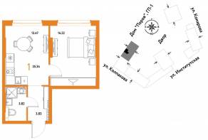 ЖК «Страна.Парковая», планировка 1-комнатной квартиры, 35.34 м²