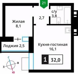 ЖК «Лесная Отрада», планировка 1-комнатной квартиры, 32.00 м²
