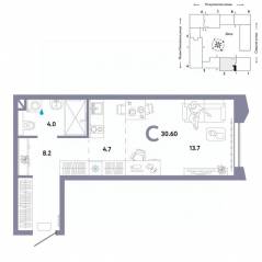 ЖК «Страна.Озерная», планировка студии, 30.60 м²