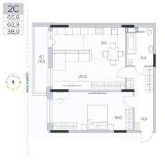 ЖК «Пироговская Ривьера», планировка 2-комнатной квартиры, 62.20 м²