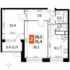 МФК «Датский квартал», планировка 2-комнатной квартиры, 51.40 м²