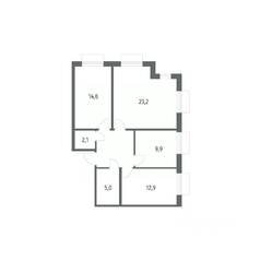 ЖК «Парусная 1», планировка 3-комнатной квартиры, 77.00 м²