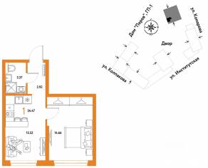 ЖК «Страна.Парковая», планировка 1-комнатной квартиры, 34.47 м²