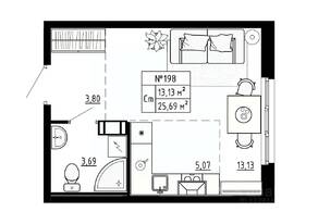 МЖК «Аннино Сити», планировка студии, 25.80 м²