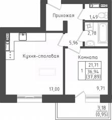 ЖК «Зеленый Оазис-Город», планировка 1-комнатной квартиры, 37.89 м²
